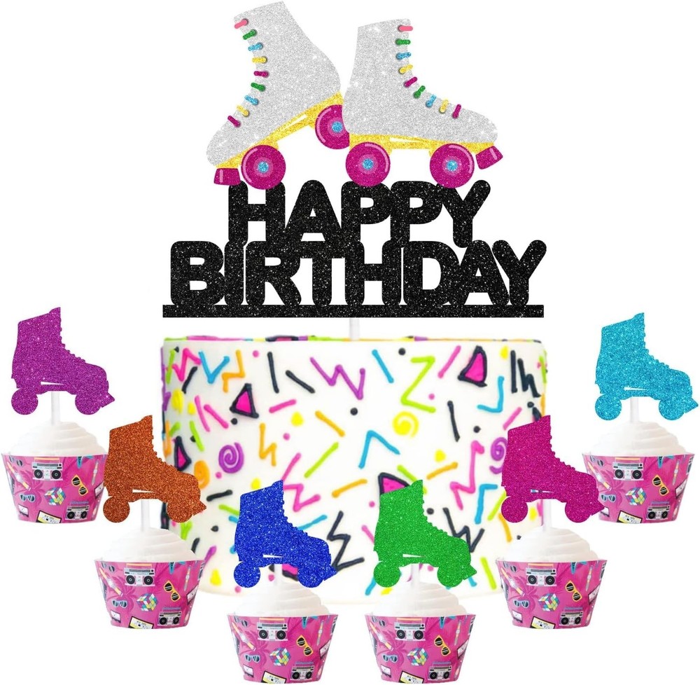 7Pcs Roller Skate Disco Cake Toppers Sets Roller Skate Vintage Happy Birthday