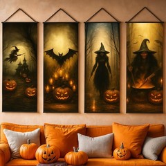 , Large Spooky Witch Pumpkin Banner Set – 47×16 Inch, Pack of 4 | Halloween D…