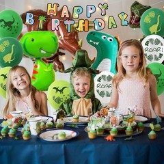 Complete Dinosaur Theme 4th Birthday Party Set: Banners & Balloons Galore