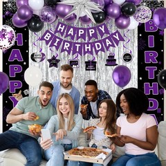 Black and Purple Birthday Decorations for Women Girls, Happy Birthday Decoration