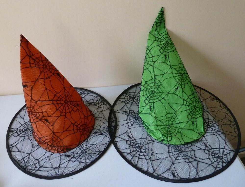 VINTAGE HALLOWEEN LACE COBWEB WITCHES HATS x 2 ORANGE + GREEN COLLECTIBLE NEW