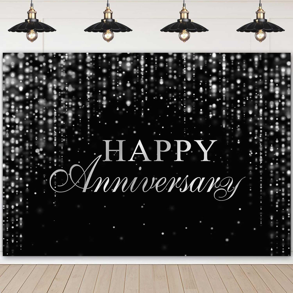 Happy Anniversary Backdrop Black Silver Anniversary Banner Cheers to Marriage