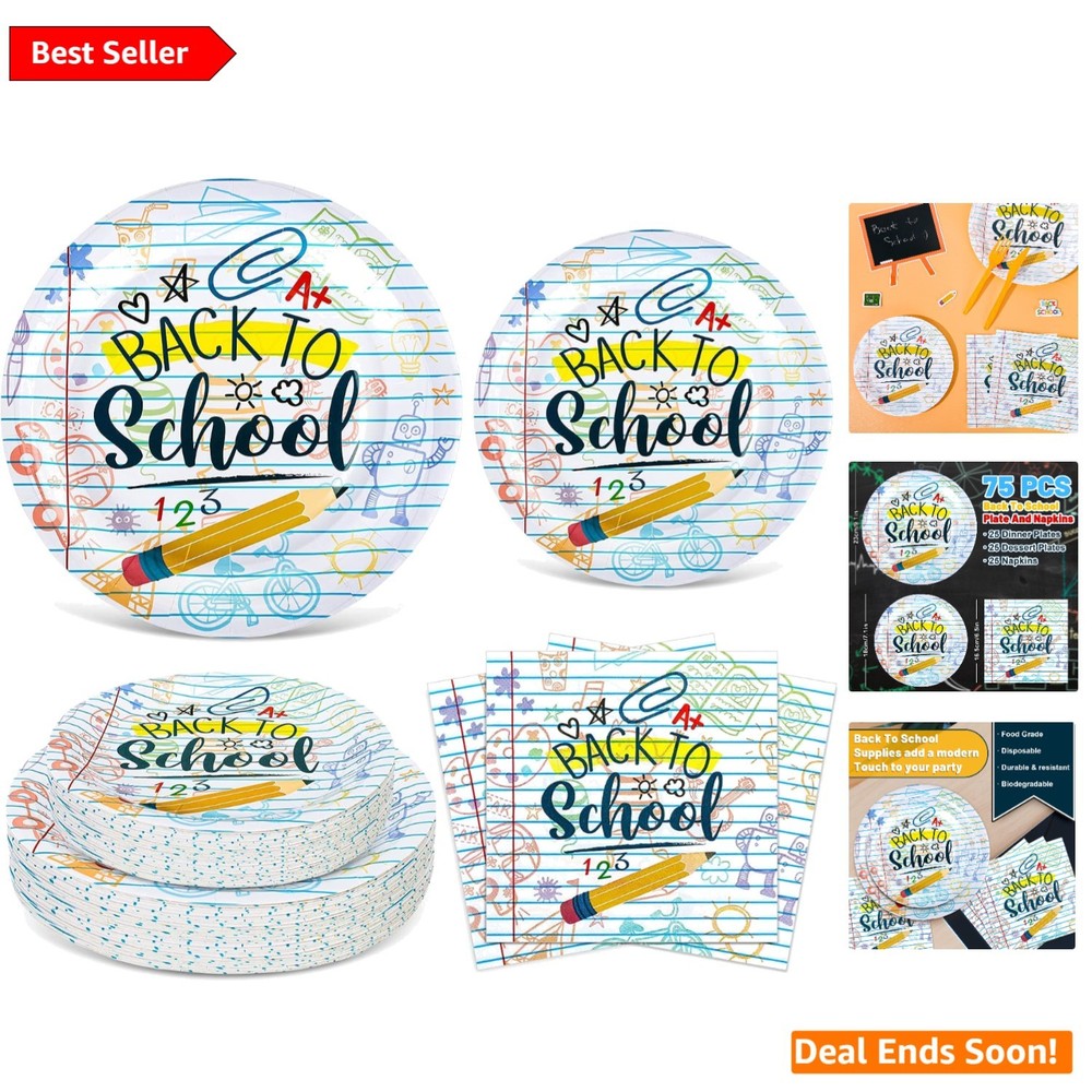 75-Piece Back to School Tableware Set – Homework Prints & Disposable Dinnerware