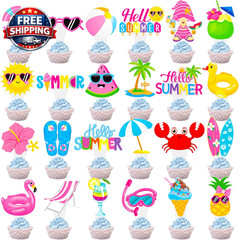 Hello Summer Cupcake Toppers Hello Summer Birthday Decorations Beach Pool Party