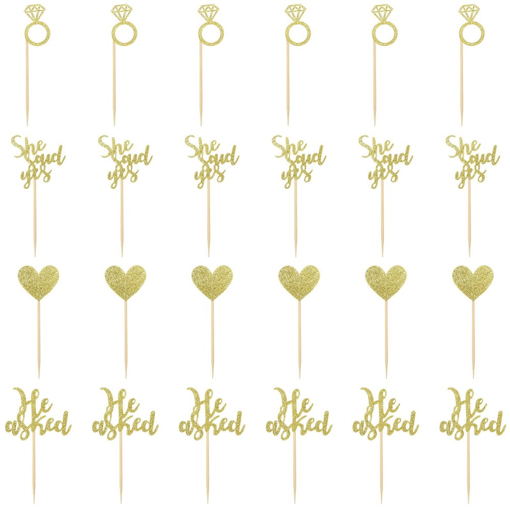 24 Pcs He Asked She Said Yes Cake Topper Gold Cupcake Toppers Heart Diamond R…