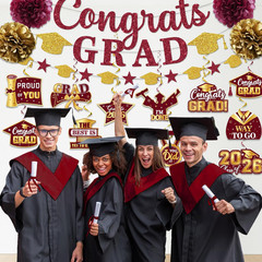 Maroon Graduation Decorations 2026, Glitter Congrats Grad Banner Hanging Swirls