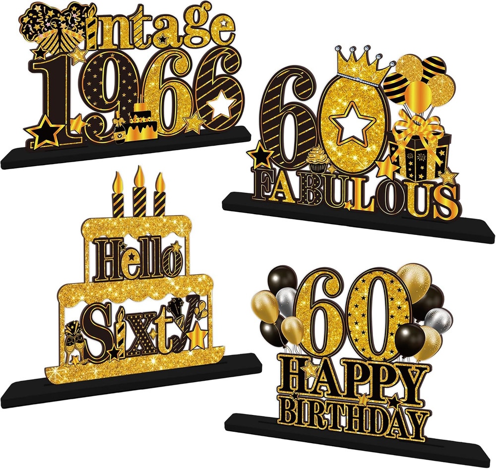 4 Pieces 60Th Birthday Table Decorations, Wooden Vintage 1966 Happy 60Th Birthda