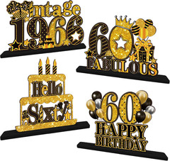 4 Pieces 60Th Birthday Table Decorations, Wooden Vintage 1966 Happy 60Th Birthda