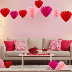 18 PCS Valentine Day Party Heart Decorations Red Pink Magenta Paper Honeycomb