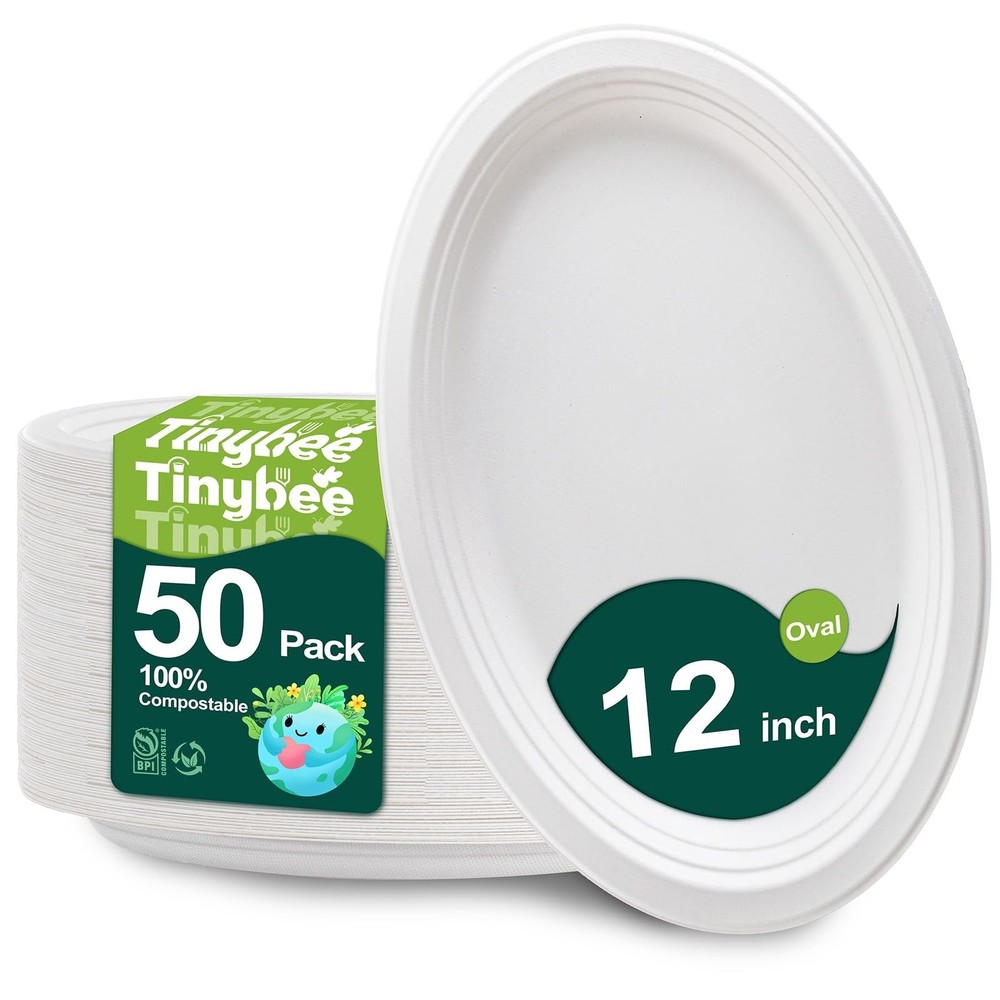 Tinybee 100% Compostable Oval Paper Plates 12 Inch [50-Pack] Heavy Duty Large…