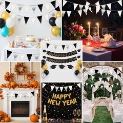 64FT Black White Silver Triangle Pennant Banner Flag Metallic Fabric Bunting …