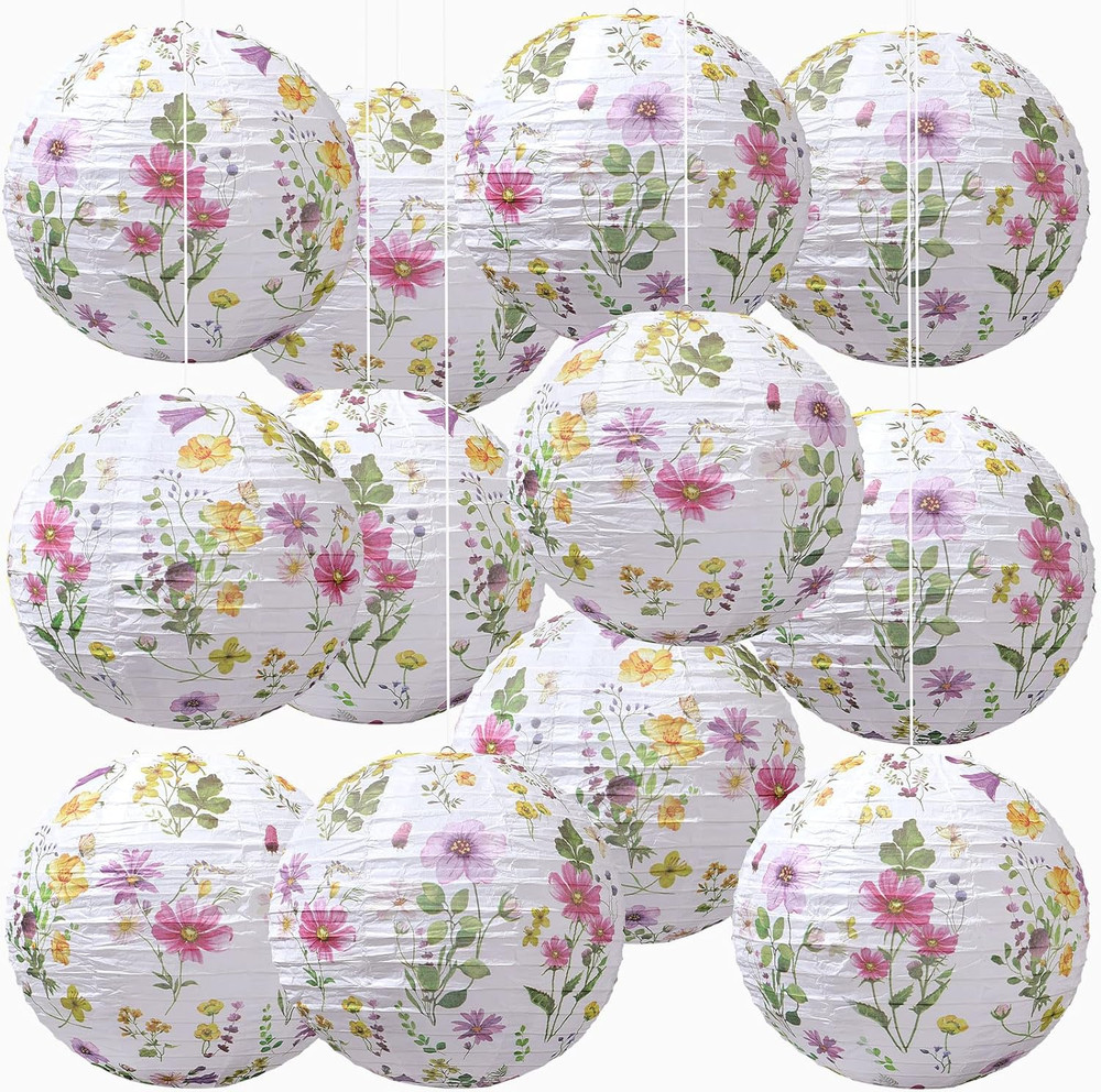 12 Pcs Wildflower Paper Lanterns Spring Floral Watercolor Wildflower Party Decor