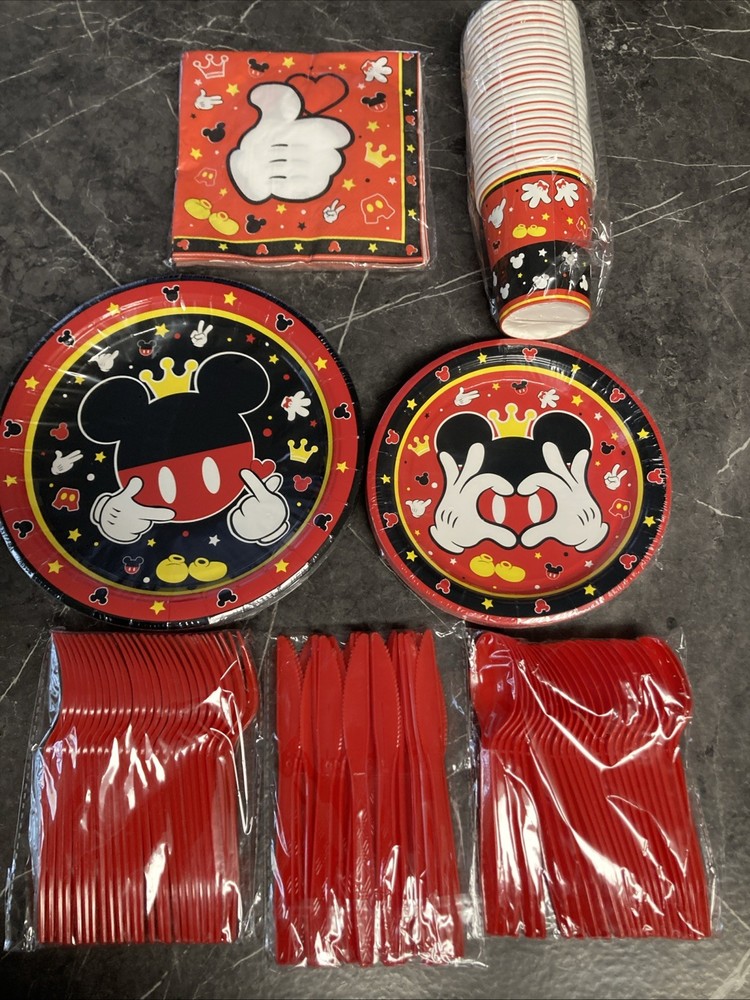 Mickey Mouse Party Decoration Supplies 24 Cups Plates Napkins Knives Forks Spoon