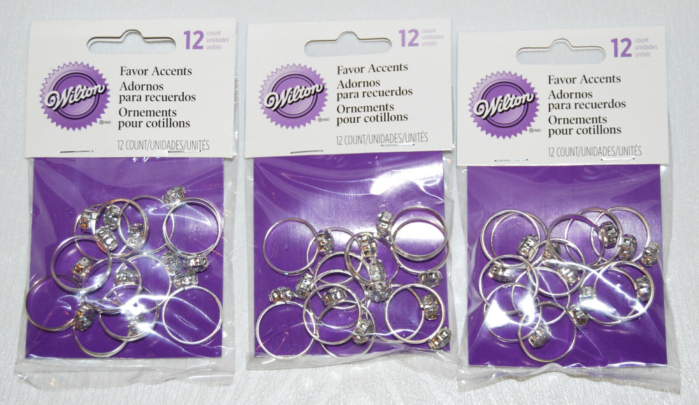 Lot of 3 Wilton Silvertone Engagement Rings Wedding Party Favor Accents 12ct ea