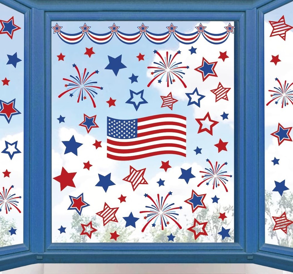 9 Sheets 4th of July Window Clings American Flag Star Firework Reusable Glass De