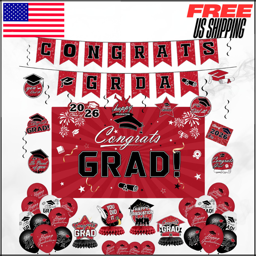 Graduation Decorations 2026 Red Congrats Grad Banner Backdrop Party Supplies Set