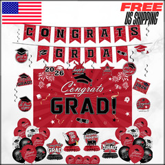 Graduation Decorations 2026 Red Congrats Grad Banner Backdrop Party Supplies Set