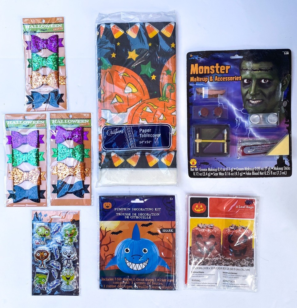 HALLOWEEN LOT Monster Make Up Kit Pumpkin Leaf Bags Tablecloth Shark Decor NEW!