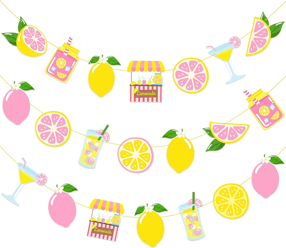 2Pcs Pink Lemonade Party Banners Lemon Citrus Garland, Summer Fruit Lemonade Sta