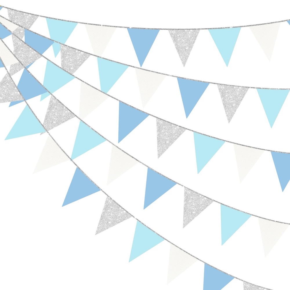 Dusty Blue Silver White Party Decorations Pennant Banner Flag Hanging Glitter…