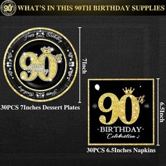 Elegant 90th Birthday Decorations, Black Gold Disposable Plates & Napkins for 30
