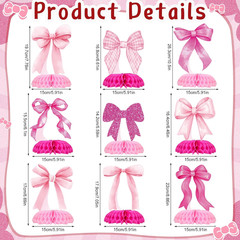 9 Pcs Pink Bow Honeycomb Centerpieces Coquette Party Decorations 3D Hot Pink Bow