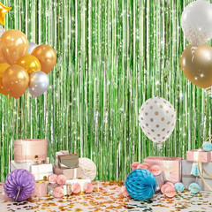 2Pack Light Green Foil Curtain Backdrop Green Metallic Tinsel Foil Fringe Curtai