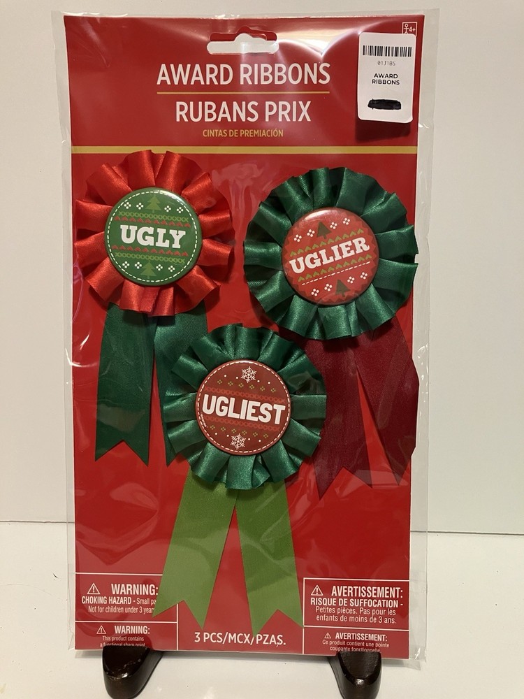 CHRISTMAS SWEATER UGLY Contest AWARD RIBBONS Ugly Uglier Ugliest Badge PIN. FUN!