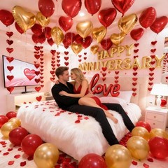 Romantic Anniversary Decorations with Red Hearts, Balloons & Silk Rose Petals