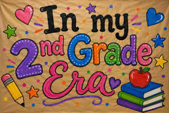 Party Backdrop “In My 2nd Grade Era” non custom, hand painted, Multicolor