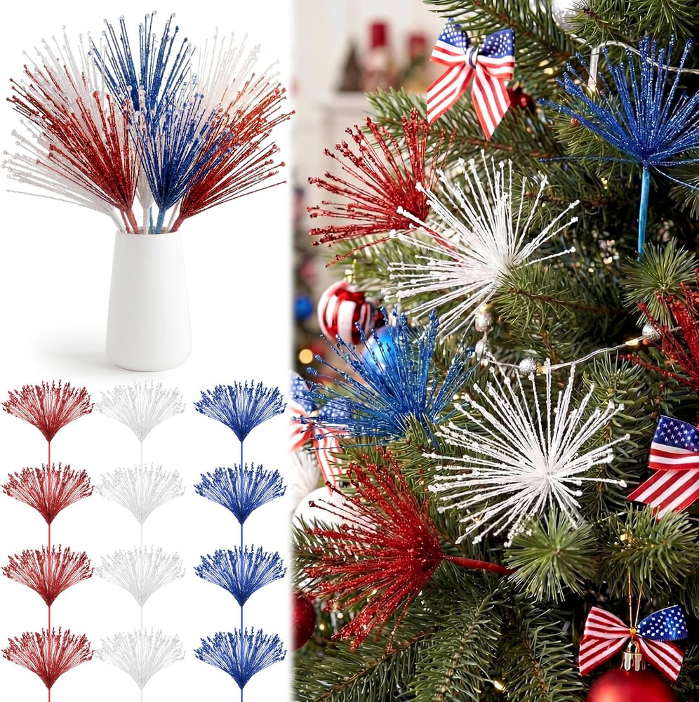 Dingion 12 Pack 4th of July Tree Decorations Red White and Blue Flowers Patrioti