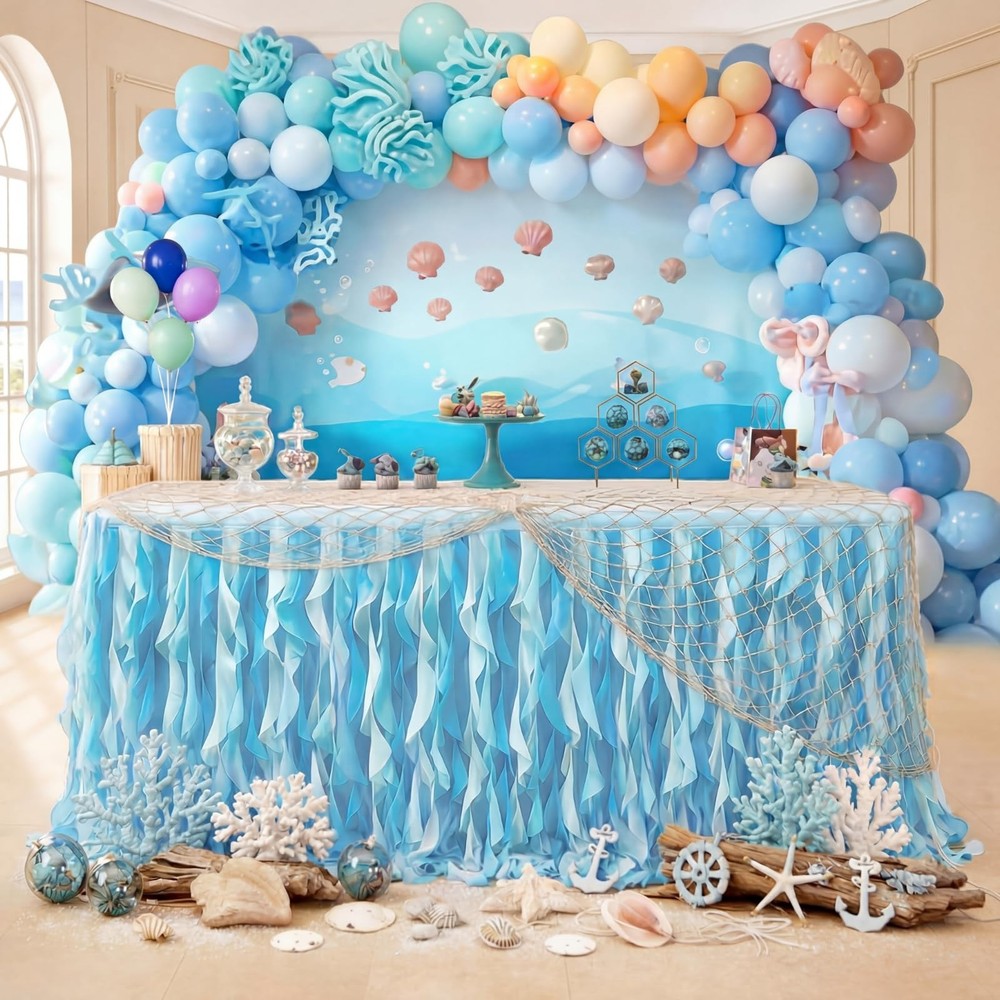 2 Pcs 6 ft Summer Ocean Tulle Ruffle Curly Table Skirt with Fish Net Set Blue…