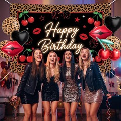 8 Pcs Black and Red Foil Balloons Kit, Cherry Print, Red Lips, Cheetah Patter…