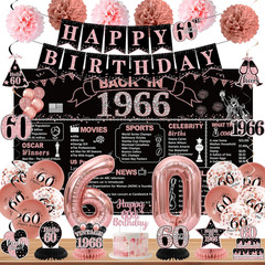 60Th Birthday Party Decorations for Women, Rose Gold Back in 1966 Banner, Rose G