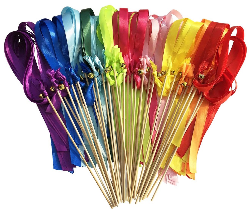 50 Pack Ribbon Wands Wedding Streamers with Bells, Silk Fairy Stick Wish Wand…
