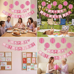 Happy Mothers Day Decorations Set – Pink Mothers Day Banner Sign Decor with 6 Ho