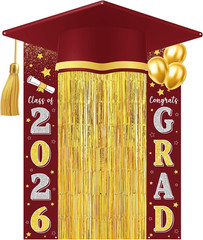 2026 Maroon Gold Graduation Party Decorations Grad Door Banner Sign with Metalli