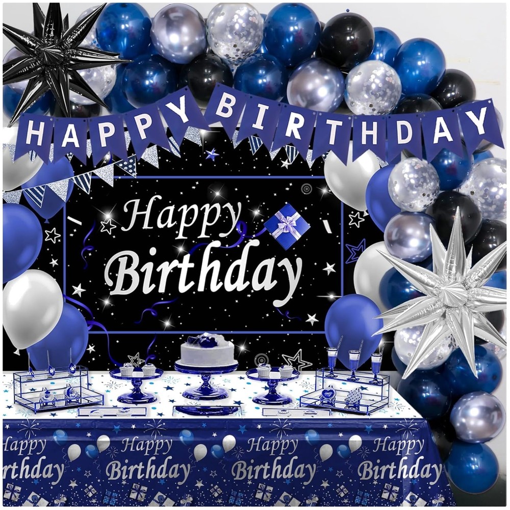 Vibrant 75 Piece Blue Black Birthday Decoration Set – Easy Assembly Included