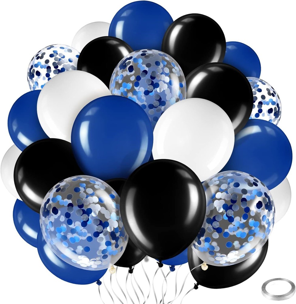 60 Pcs Balloons Kit 12 Inch Confetti with 2 Rolls Black, Blue, White