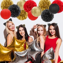 15 PCS Red Black Gold Casino Theme Tissue Paper Pom Poms Lanterns Decorations