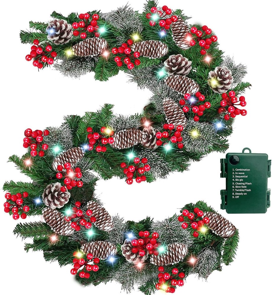Timer – 9Ft by 10 Inch Prelit Christmas Garland with 50 Colorful Lights, Thick