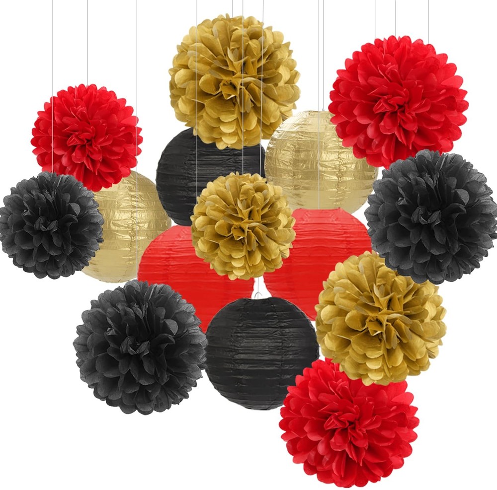 Red-Black Gold Party-Decorations Paper Flowers Lanterns – 15PCS Casino Theme …