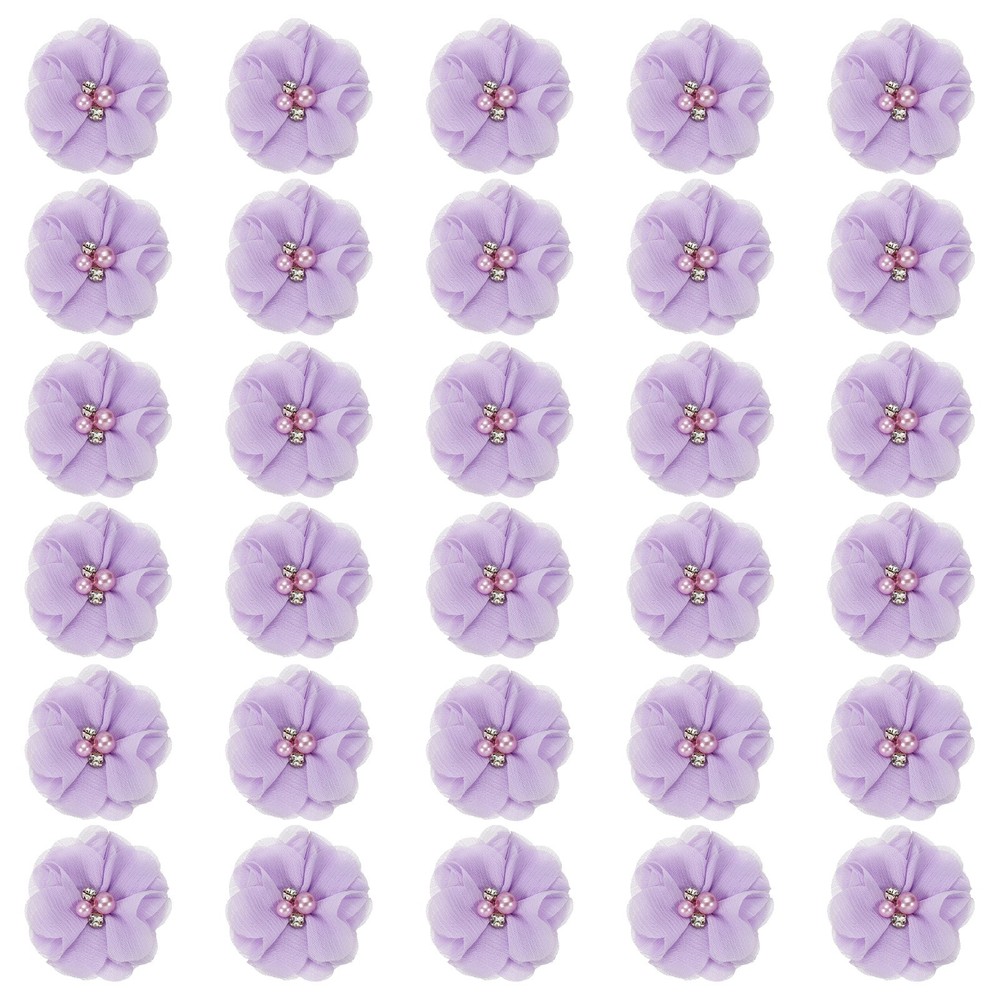 30Pcs 2″ Chiffon Flowers with Rhinestone Pearl Sewing Fabric Flowers, Purple