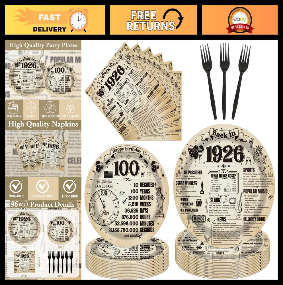 100th Birthday Party Decorations – 96 Pcs Vintage 1926 Tableware Set for 24 Gues