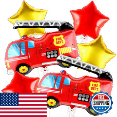Katchon Fire Truck Balloons For Birthday Set – Pack Of 6 Firetruck Party