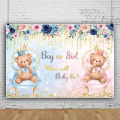 Boho Bear Gender Reveal Backdrop 7X5Ft Boy or Girl Floral Baby Shower Party Phot