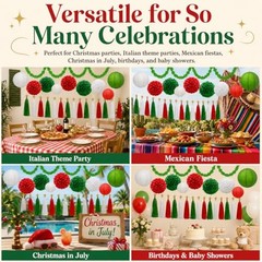 43Pcs Red, Green & White Party Decorations Supplies – Paper Pom