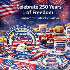 252 PCS 250th Anniversary USA Party Supplies – 1776–2026 Red, White, Blue