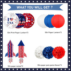 4Th of July Decorations Red White Blue Paper Lanterns Flower Tissue Pom Poms Fan