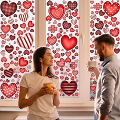 Geyoga 211 Pcs 6 Sheets Valentine‘s Day Window Clings Red, Black, White